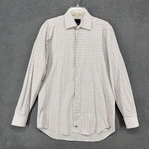 David Donahue Dress Shirt Mens 16 34/35 White Blue Brown Check Trim Fit Cotton